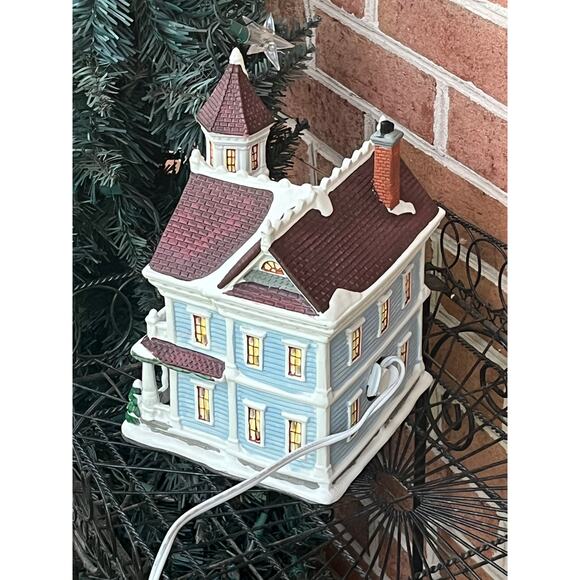Christmas Village House  Lighted Ceramic Porcelain Blue Victorian Snow - Picture 2 of 16